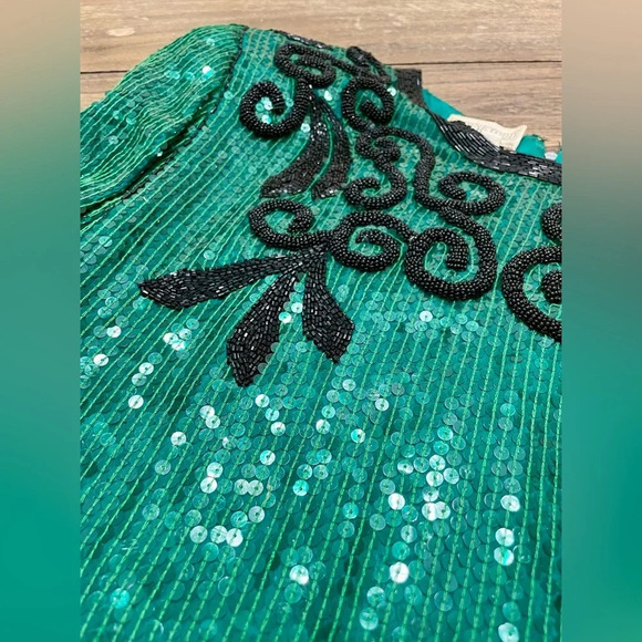 Vintage Justine Todd 100% Silk Green Beaded Sequin Top Size XS Petite Party Fest - Picture 6 of 6